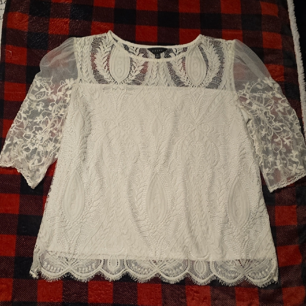 Adiva White Lace Blouse with Sheer Sleeves